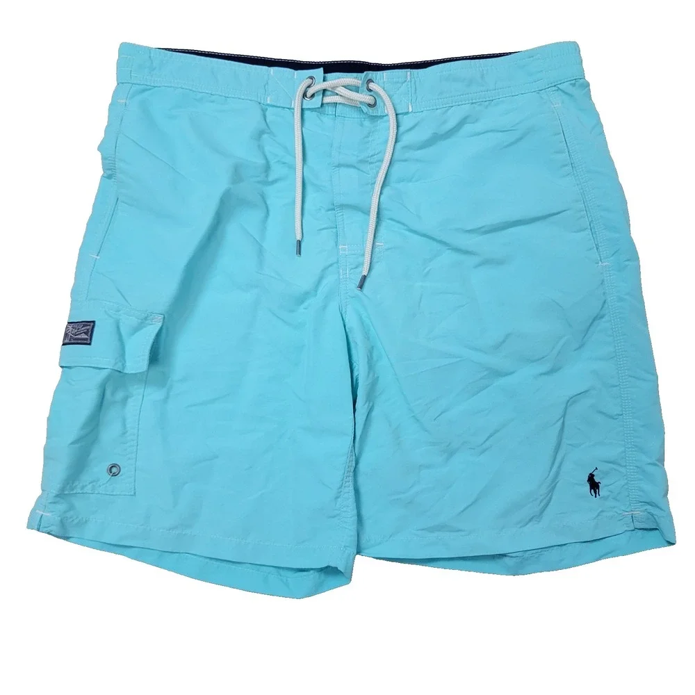 Polo Ralph Lauren Mens Medium Solid‎ Aqua Lined Swimsuit Board Shorts Drawstring